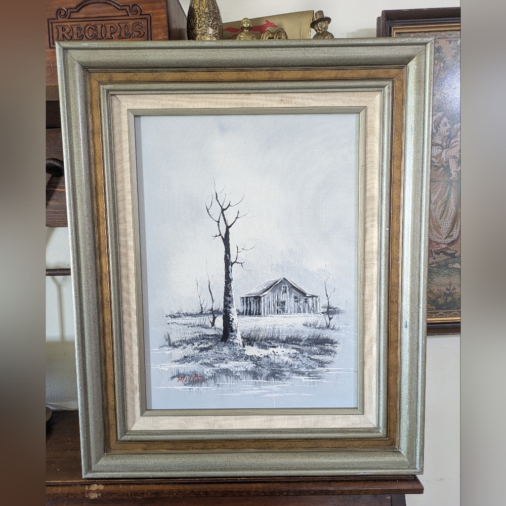 Vintage Signed Melton Oil Painting - Winter Barn Landscape Framed Farmhouse MCM